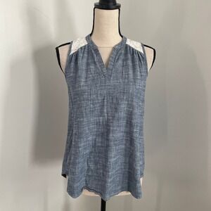 Blue Chambray Crochet Womens Blouse Size Small Lace‎ Detail VNeck Boho Chic Top